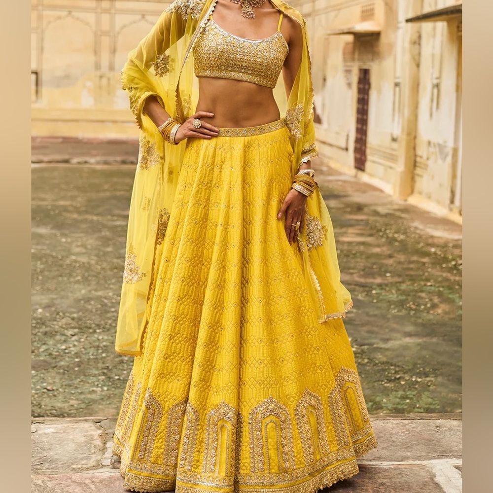 Women’s Yellow Embroidered brocade Lengha